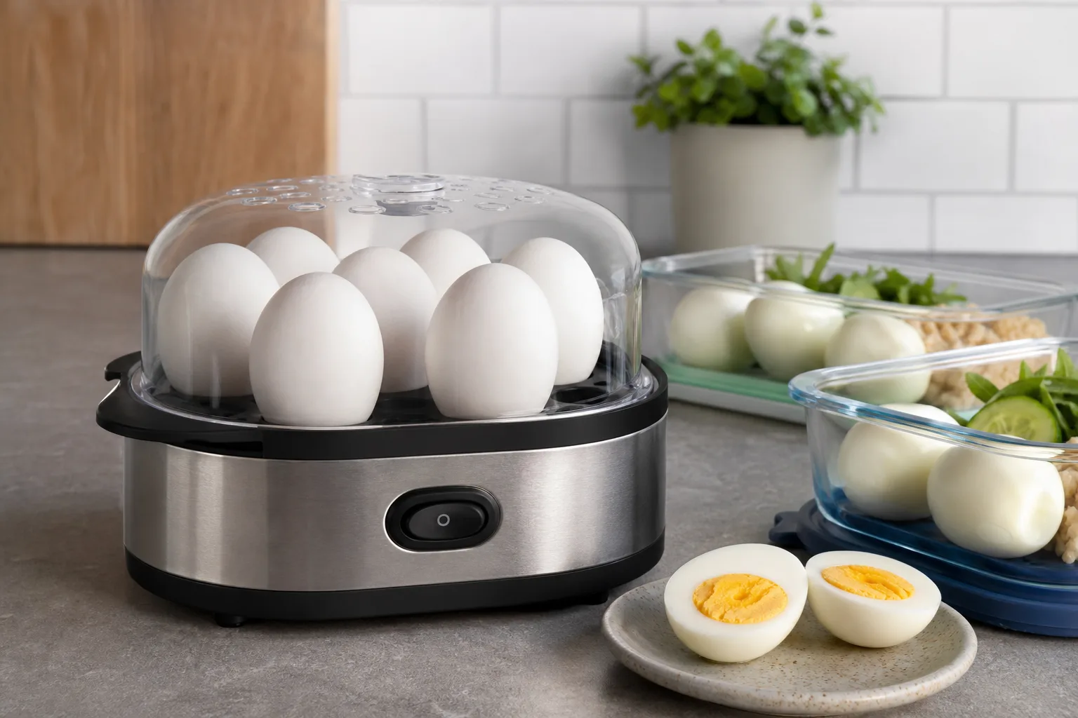 Hartgekochte Eier im Eierkocher fuer Meal Prep und Lunchboxen
