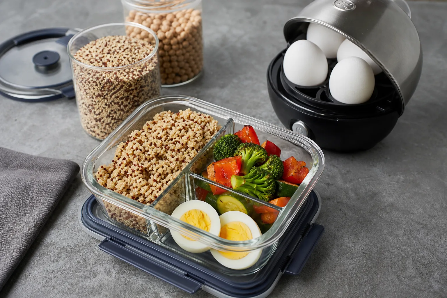 Protein-Lunchbox mit Eierkocher-Eiern, Quinoa und Gemuese